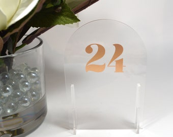 Standup Dome Wedding Table Numbers in Clear Acrylic Plastic with Gold Numbers