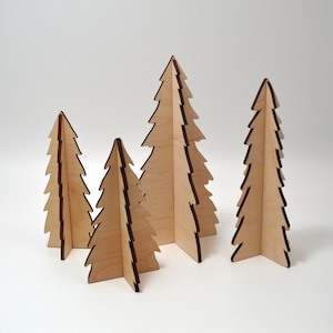 Four Plywood Evergreen Trees, Stand-up Interlocking wooden decor for Winter, Christmas, and Rustic decorations