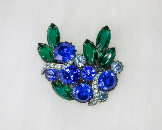 Vintage Green Blue Rhinestone Brooch