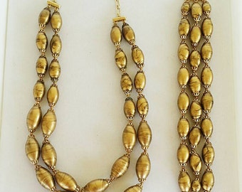 Vintage Crown Trifari 50's Golden Beaded Demi Parure Set