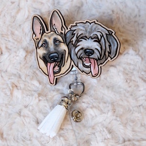 2 Pet Badge Reel: Painted Custom Wood Pet Illustrated Portrait Badge Reel | Dog | Cat | Etc.