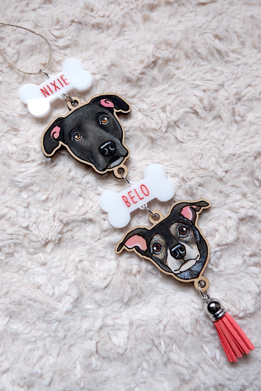 Custom 2 Pet Portrait Car View Mirror Charm | Hand Painted | Engraved | Dog | Cat | Memorial Gift