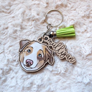 May include: A wooden keychain featuring a hand-painted portrait of an Australian Shepherd dog with brown, white, and blue markings. The keychain also includes a wooden tag with the name "Mulligan" written in cursive and a green tassel.