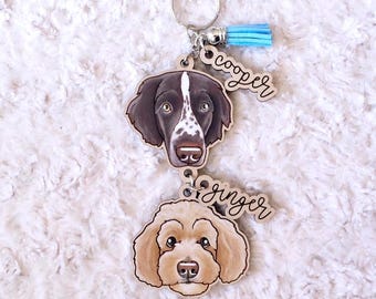 Custom 2 Pet Portrait Keychain | Vertical | Hand Painted | Engraved | Dog | Cat | Memorial Gift