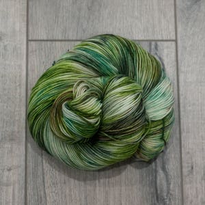 Canadian Hand-dyed yarn. 80/20 Superwash Merino/Nylon Sock Yarn 115g 400yards. Multicolored Green Yarn. Forest Moon EDS image 1