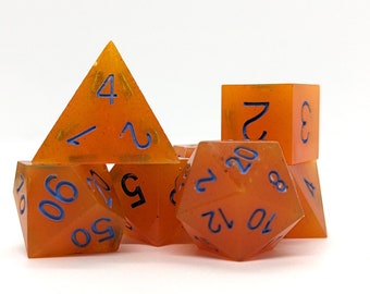 Handmade Sharp Edged Resin Dice | Tabletop Gaming Dice for D&D Pathfinder | Set of 7 Sharp Edged Dice | Made in Canada | Orange Blue