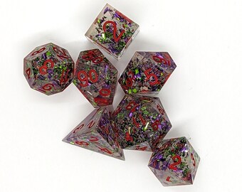 Handmade Sharp Edged Resin Dice | Tabletop Gaming Dice for D&D Pathfinder | Set of 7 Sharp Edged Dice | Made in Canada | Confetti Glitter