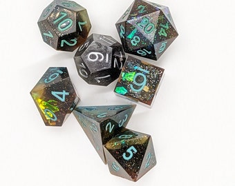 Handmade Sharp Edged Resin Dice | Tabletop Gaming Dice for D&D Pathfinder | Set of 7 Sharp Edged Dice | Made in Canada | Nebula