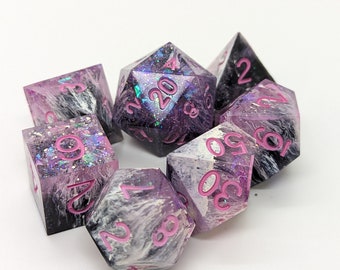 Handmade Sharp Edged Resin Dice | Tabletop Gaming Dice for D&D Pathfinder | Set of 7 Sharp Edged Dice | Made in Canada | Pink Petri