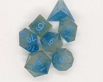 Handmade Sharp Edged Resin Dice | Tabletop Gaming Dice for D&D Pathfinder | Set of 7 Sharp Edged Dice | Made in Canada | Glitter Sky