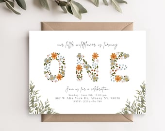 Pressed Flower First Birthday Invitation, Garden Party, Baby Girl First Birthday, first birthday invite, Baby, Editable