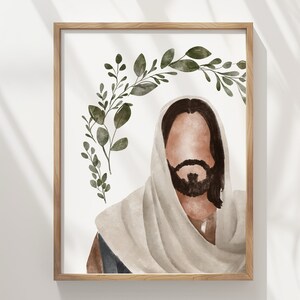 May include: A watercolor painting of a person with long brown hair and a beard, wearing a white robe. The person is surrounded by a wreath of green leaves.
