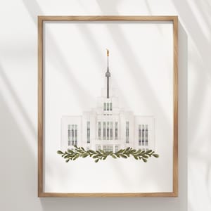 May include: A watercolor painting of a white temple with a gold spire, surrounded by a green wreath. The temple has many windows and a simple design.