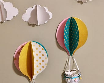 Hot air balloons / decoration / baby nursery / hanging or wall mounted - set of 2 balloons and clouds