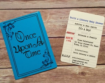 Uitnodiging babyshower met verhalenboek, thema bibliotheekkaart (set van 12)
