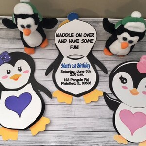 Invitación de cumpleaños de pingüino / Invitaciones de niño o niña / Juego personalizado de 12 con sobres