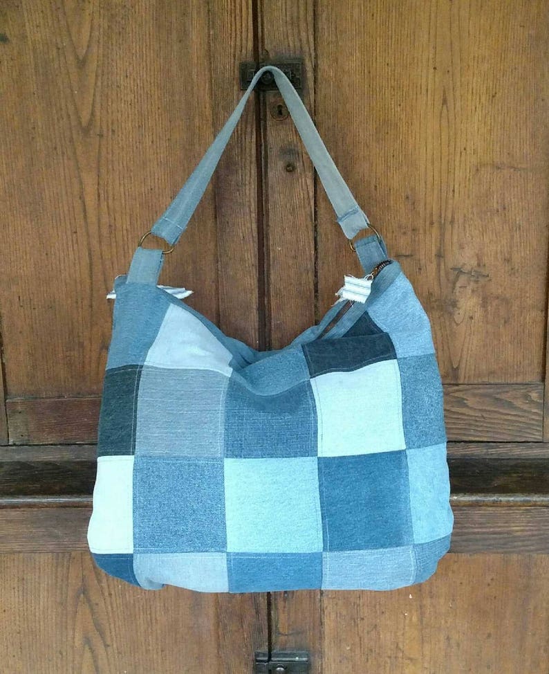 Zippered Patchwork Denim Tote Bag zipped bag zippered bag Etsy