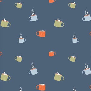 May include: A repeating pattern of coffee mugs in various colors, including green, blue, and orange, against a dark blue background. Some mugs have steam, whipped cream, or marshmallows. The design is whimsical and suitable for fabric or wallpaper.
