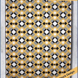 May include: A geometric quilt with a repeating pattern of yellow, black, gray, and white diamonds. The quilt is labeled "Sock Hop" and "Beginner Pattern" with "One Block Design" on a diagonal banner. The Studio R Quilts logo is at the bottom.