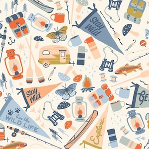 May include: A repeating pattern featuring camping and outdoor adventure elements. Includes pennants with text, butterflies, a camper, lanterns, fishing rods, and a canoe, all in a palette of orange, blue, and cream.