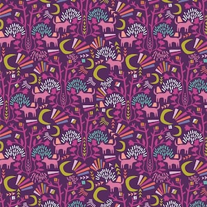 May include: A repeating pattern featuring stylized pink dogs, trees, and crescent moons on a deep purple background. The design incorporates elements of white, teal, orange, and yellow, creating a whimsical and colorful aesthetic.
