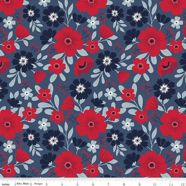 Riley Blake American Beauty Main Navy Blue Floral Fabric by Dani Mogstad