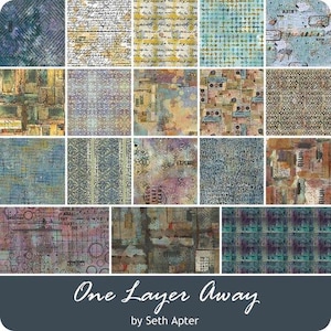May include: A collection of seventeen square fabric swatches featuring mixed media designs with distressed textures, script handwriting, geometric patterns, and abstract splatters in shades of blue, brown, yellow, and purple, labeled One Layer Away by Seth Apter.