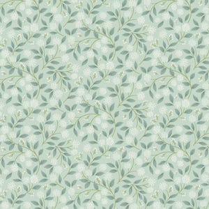 May include: A seamless pattern featuring a delicate floral design. White, star-shaped flowers and small white berries are interspersed among sage green leaves and stems, set against a soft, pale green background.