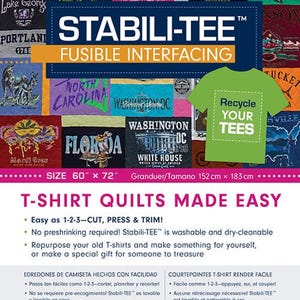 May include: A colorful patchwork quilt made from t-shirts, featuring various city and state logos. The image includes the text "STABILI-TEE" and "Recycle YOUR TEES". The quilt measures 60 x 72 inches.