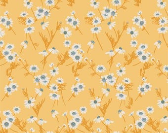 Pode incluir: Padrão repetitivo de margaridas brancas com centros cinzentos e caules castanhos sobre fundo amarelo. O design floral é uniformemente espaçado, criando uma textura visualmente atraente. Ideal para tecido ou papel de parede.