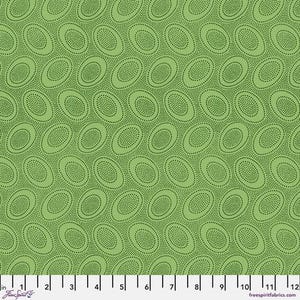 May include: Green fabric with a repeating pattern of small circles and larger oval shapes. The circles and ovals are outlined in black and filled with a lighter green color.