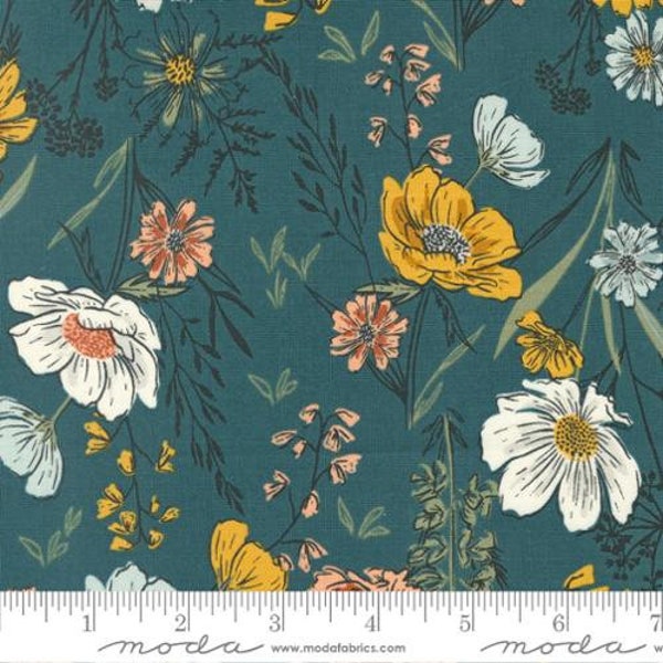 Moda Woodland Wildflowers Teal Blue Floral Fabric by Fancy That Design House