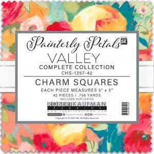 May include: A square fabric bundle with a floral pattern in shades of red, orange, yellow, and teal. The label reads "Painterly Petals Valley Complete Collection" and "Charm Squares." Each square measures 5" x 5".