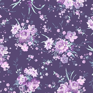 Clothworks Louisa Dark Purple Main Floral Fabric