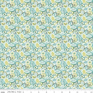 May include: A white fabric with a repeating pattern of blue and green leaves. The leaves are outlined in black and have a whimsical, hand-drawn style.