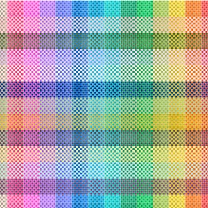 May include: A textile fabric featuring a vibrant, multi-colored plaid pattern composed of small, repeating squares in shades of pink, purple, blue, green, yellow, and orange, with thin white borders on the left and right edges.