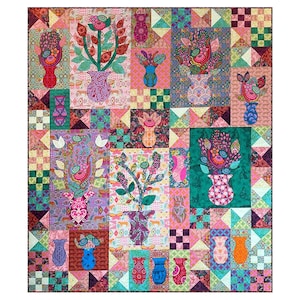 May include: A patchwork quilt featuring a vibrant array of floral arrangements in various vases. The design incorporates numerous rectangular blocks with intricate patterns, geometric shapes, and a diverse color palette including pink, green, blue, and red.