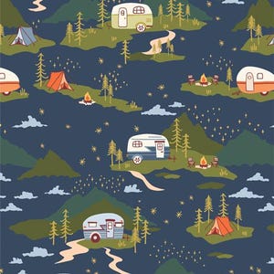 May include: A repeating pattern featuring camping scenes with trailers, tents, campfires, and trees on a dark blue background. The design includes green hills, white clouds, and a starry night sky, creating a whimsical outdoor theme.