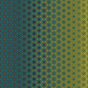 May include: A digitally created pattern featuring a repeating floral design. The pattern transitions from teal to yellow, with each floral element containing shades of teal, yellow, pink, and brown. The overall effect is a symmetrical, decorative design.