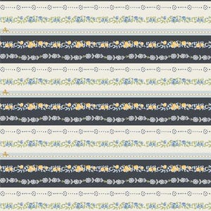 May include: A seamless pattern featuring a repeating design of blue and yellow flowers with green leaves on a white background. The pattern is separated by thin black and white stripes.