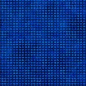 May include: A fabric with a repeating pattern of small, dark blue circles on a lighter blue background. The circles are evenly spaced, creating a textured appearance. The fabric has a mottled effect, with variations in the blue hues.