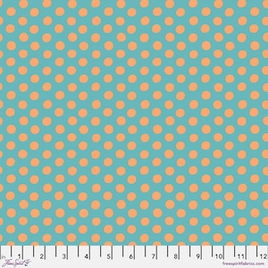May include: A fabric with a repeating pattern of orange polka dots on a teal background. The dots are evenly spaced and create a playful, eye-catching design. The fabric is suitable for various sewing and crafting projects.