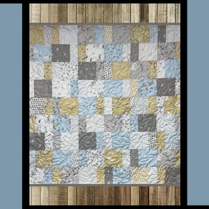 May include: A patchwork quilt with a repeating square pattern in shades of blue, gray, and yellow. The quilt features various floral and geometric patterns. The words "Mod Tiles Too" are at the top. The quilt is framed by a wooden border. The text "Tricia Lynn Maloney, Orphan Quilt Designs, For Villa Rosa Designs" is at the bottom.