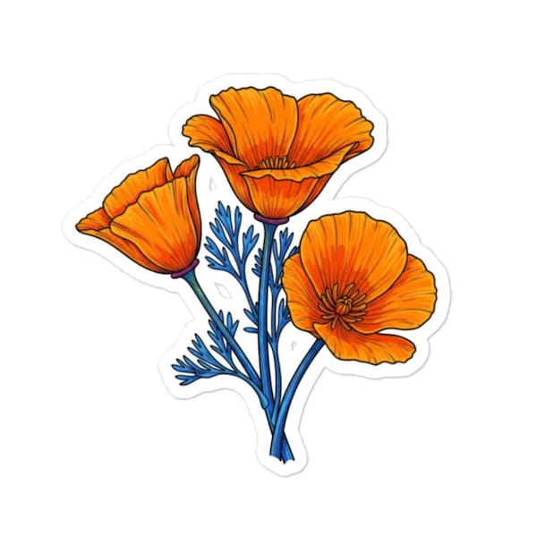California Poppy Sticker – Realistic Orange Blooms, Blue Stems (No Background)