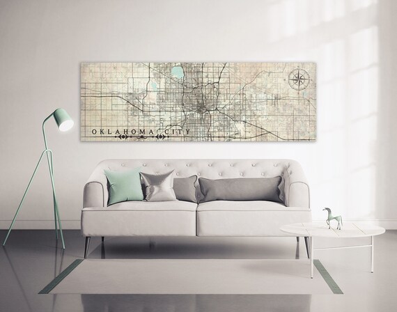 OKLAHOMA CITY Oklahoma Rolled Canvas City Map Poster Soft Vintage Colors Beige and Turquoise Large Panoramic Wall Art OKC art