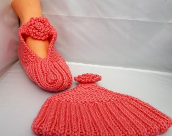 KNITTED MARY JANE slippers peach with rosette size 8, 9