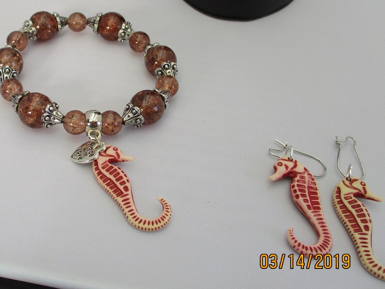BROWN /& METAL bead bracelet earring set seahorse