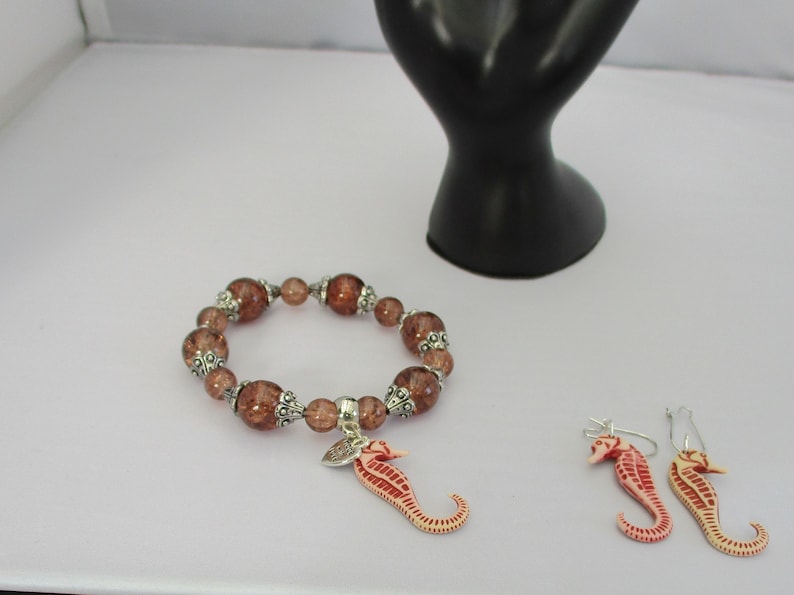 BROWN /& METAL bead bracelet earring set seahorse