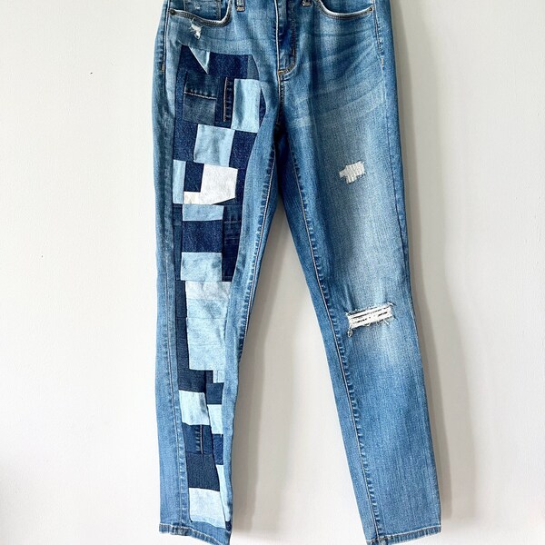 Reconstructed Denim Jeans - Womens Reconstructed Recycled Upcycled Denim Jean Pants - Reconstructed Upcycled Patchwork Denim Pants