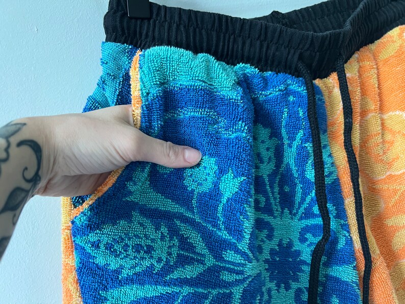 Towel Shorts Rework Reconstructed Upcycled Blue and Orange Unisex Summer Towel Shorts Upcycled Clothing image 2